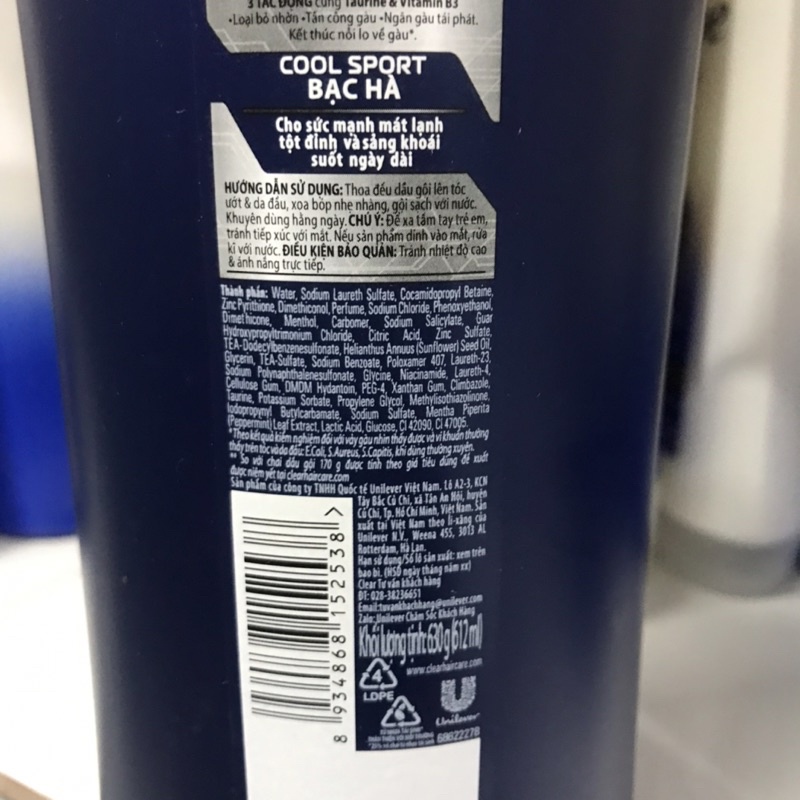 Dầu gội sạch gàu clear men cool sport bạc hà 630g