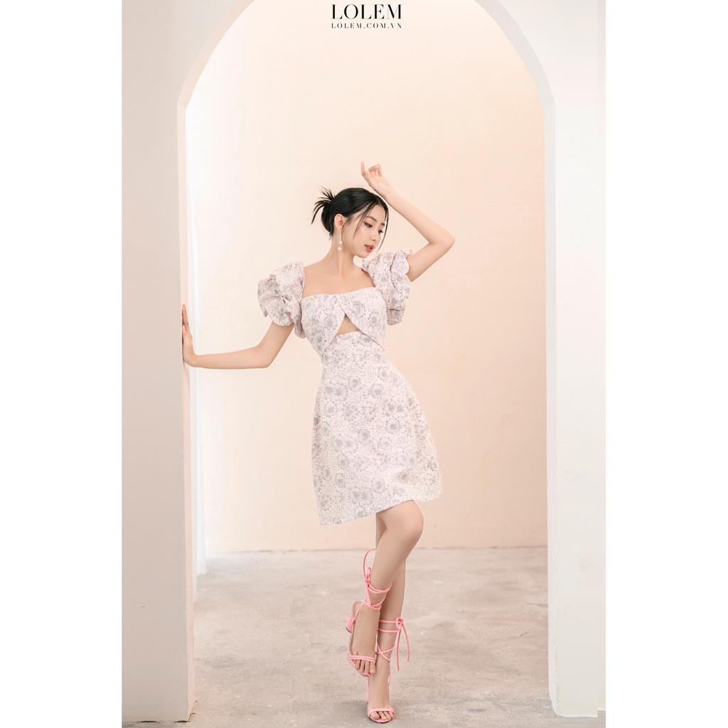 Đầm xòe cổ vuông LOLEM DX317 thiết kế cut-out tay con bồng vải thô xốp cao cấp