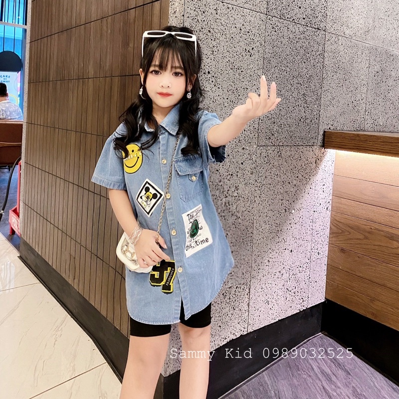 Set Áo Jean hình ngộ nghĩnh Quần legging đùi cho bé gái size đại 17-43kg cá tính