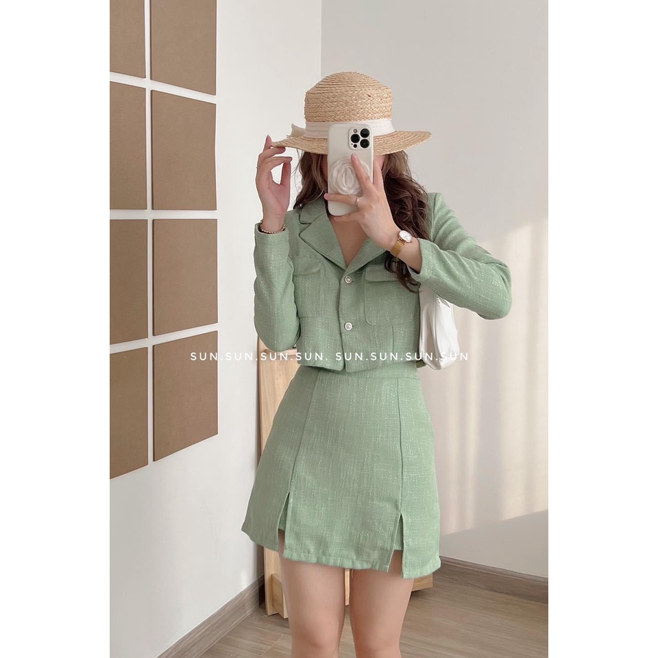 Set váy nữ áo cổ vest dáng croptop mix váy lót quần chất linen xịn thời trangI Trần hân Shop 4012422