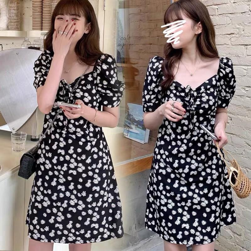 Đầm midi trễ vai họa tiết hoa cúc thời trang Hàn Quốc mùa hè