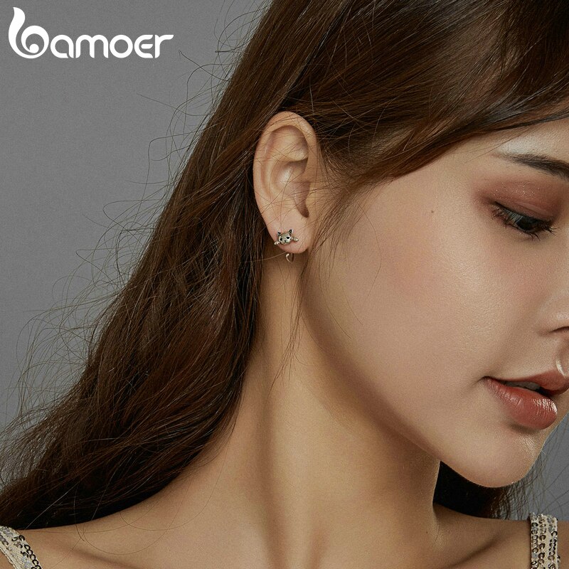 Bông tai Bamoer SCE965 chất liệu bạc 925 hình mặt mèo phối đuôi ngộ nghĩnh thời trang cho nữ