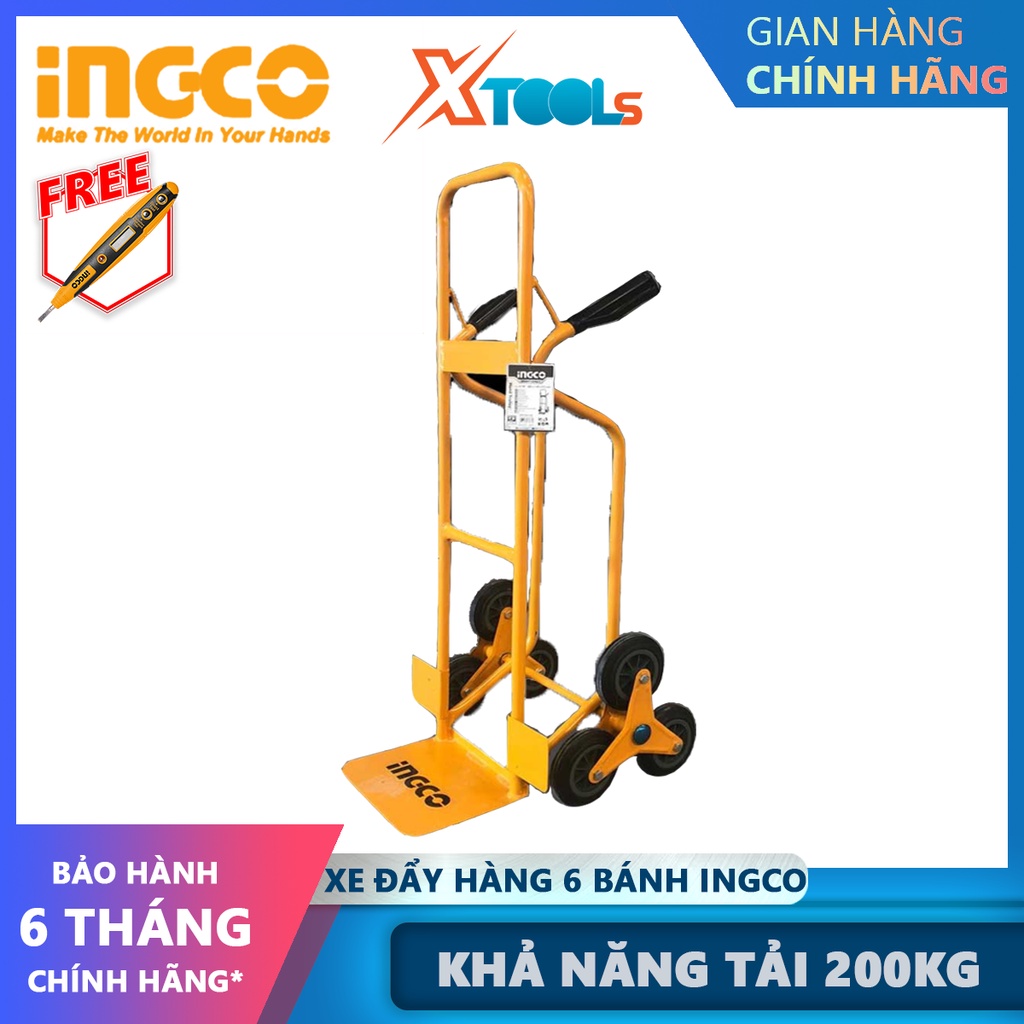 Xe đẩy hàng 6 bánh leo cầu thang INGCO HHHT20461 | xe kéo hàng cầm tay khả năng tải 200kg, kích thước tấm lót chân 240x3