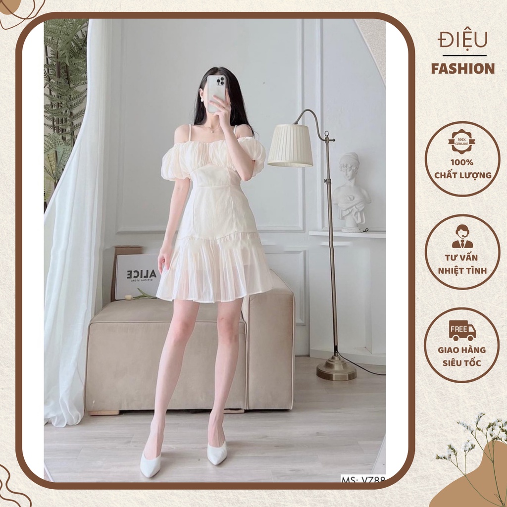 Váy trễ vai tay bồng chất voan tơ đẹp, đầm hai dây dự tiệc hai màu be và trắng sang trọng