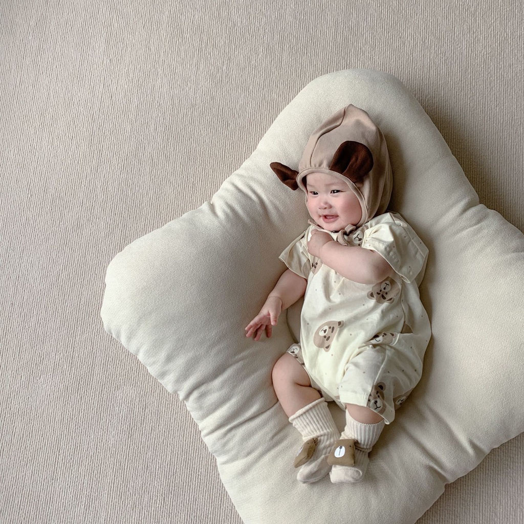 Bộ Áo Liền Quần In Hình Gấu + 1* Mũ Cotton Dễ Thương Thời Trang Mùa Hè Cho Bé Sơ Sinh 0-2 Tuổi