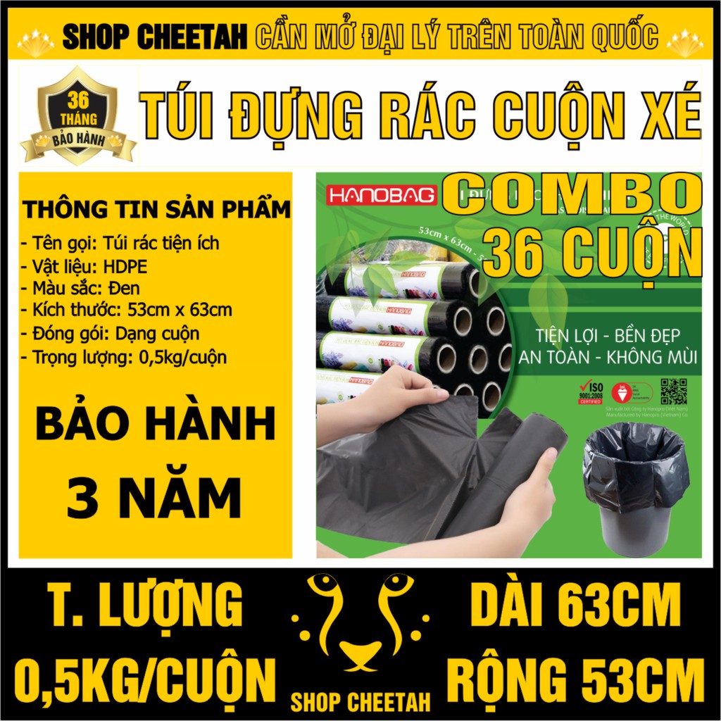 36 Cuộn Túi đựng rác tự xé KT: 53cm x 63cm x 0,5kg – Túi đựng rác an toàn HDPE – Màu đen – Túi dày và sạch không mùi