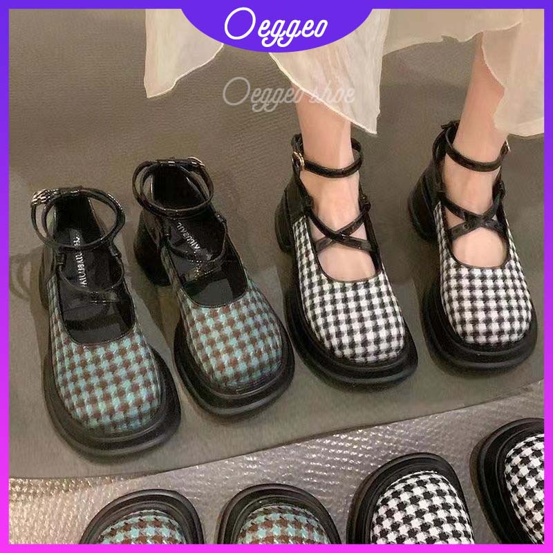 Oeggeo Giày Nữ Mũi Tròn Đế Bằng Họa Tiết Caro Thời Trang