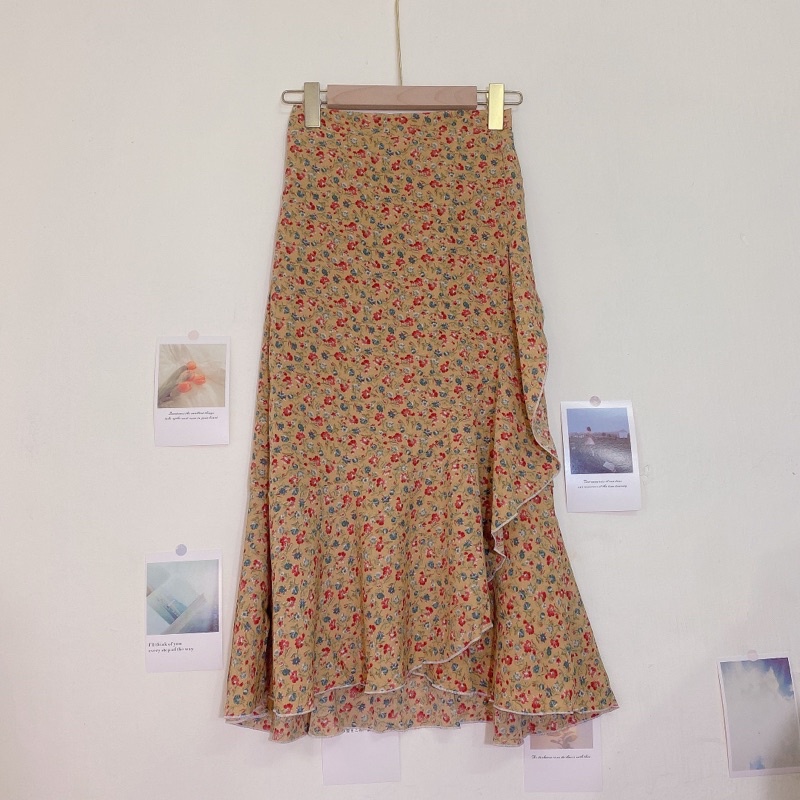 Chân váy hoa nhí bèo lưng chun dáng dài vintage QC - Lumii