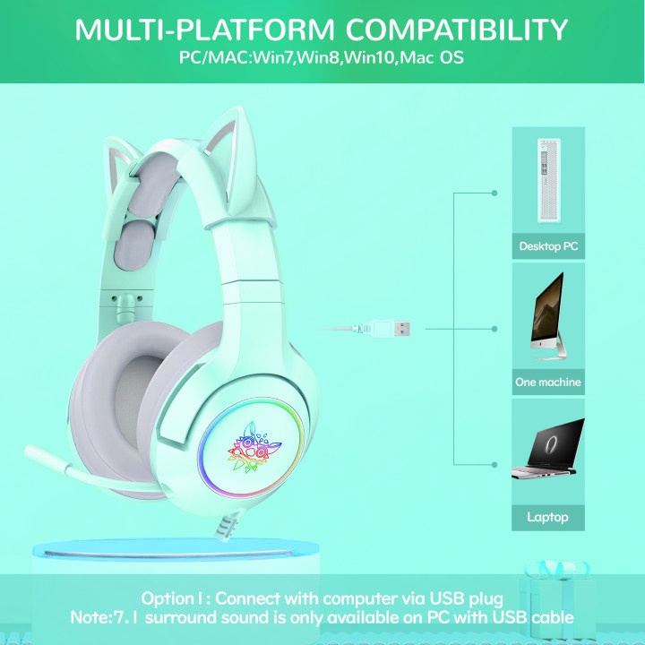 Tai nghe chơi game có mic ONIKUMA K9 tai mèo hồng tay nghe gaming dễ thương Tai và chống ồn cho điện thoại PC/PS4 Laptop
