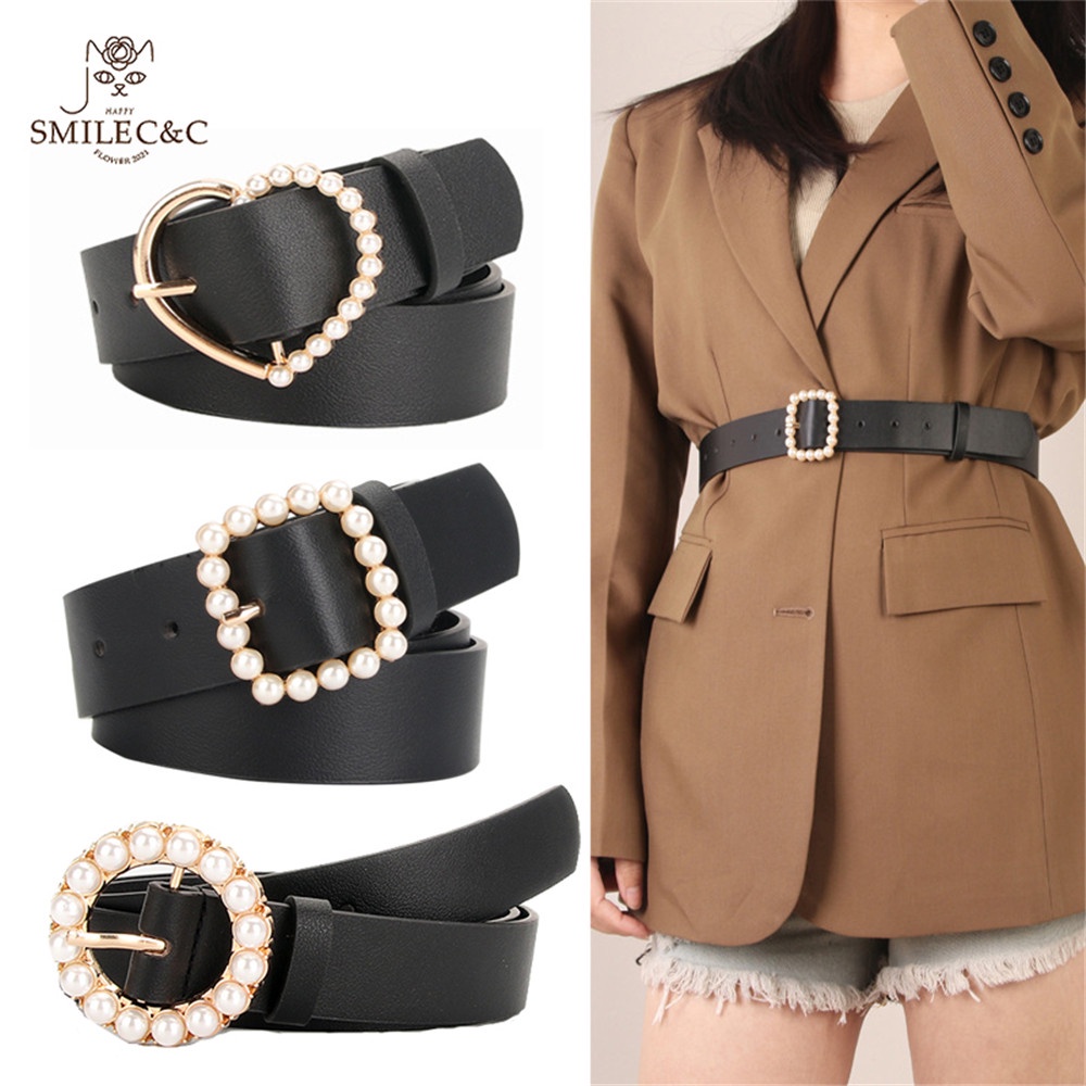SmileFairyCC【COD &amp; Hàng Có Sẵn】Thắt Lưng Da Bò Thật Đính Ngọc Trai Đơn Giản Chống Thấm Nước Cho Nữ