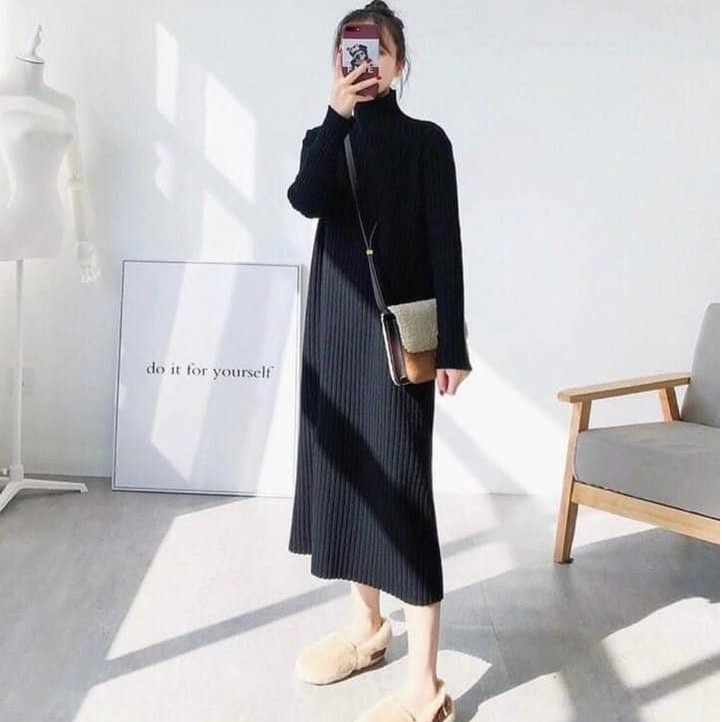 Váy len cổ lọ dáng dài , form suông ,tay ôm ♥ Đầm len cổ cao form suông , dài tay basic nữ HOT | BigBuy360 - bigbuy360.vn