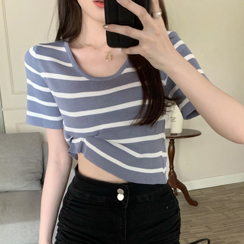 Áo Croptop Dệt Kim Tay Ngắn Cổ Tròn Thời Trang Mùa Hè Cho Nữ