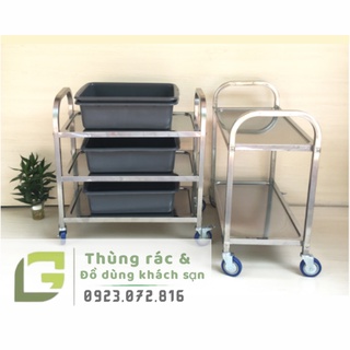 Xe đẩy inox 3 tầng dọn dẹp thức ăn nhà hàng khách sạn（chưa kèm theo thau,xô）