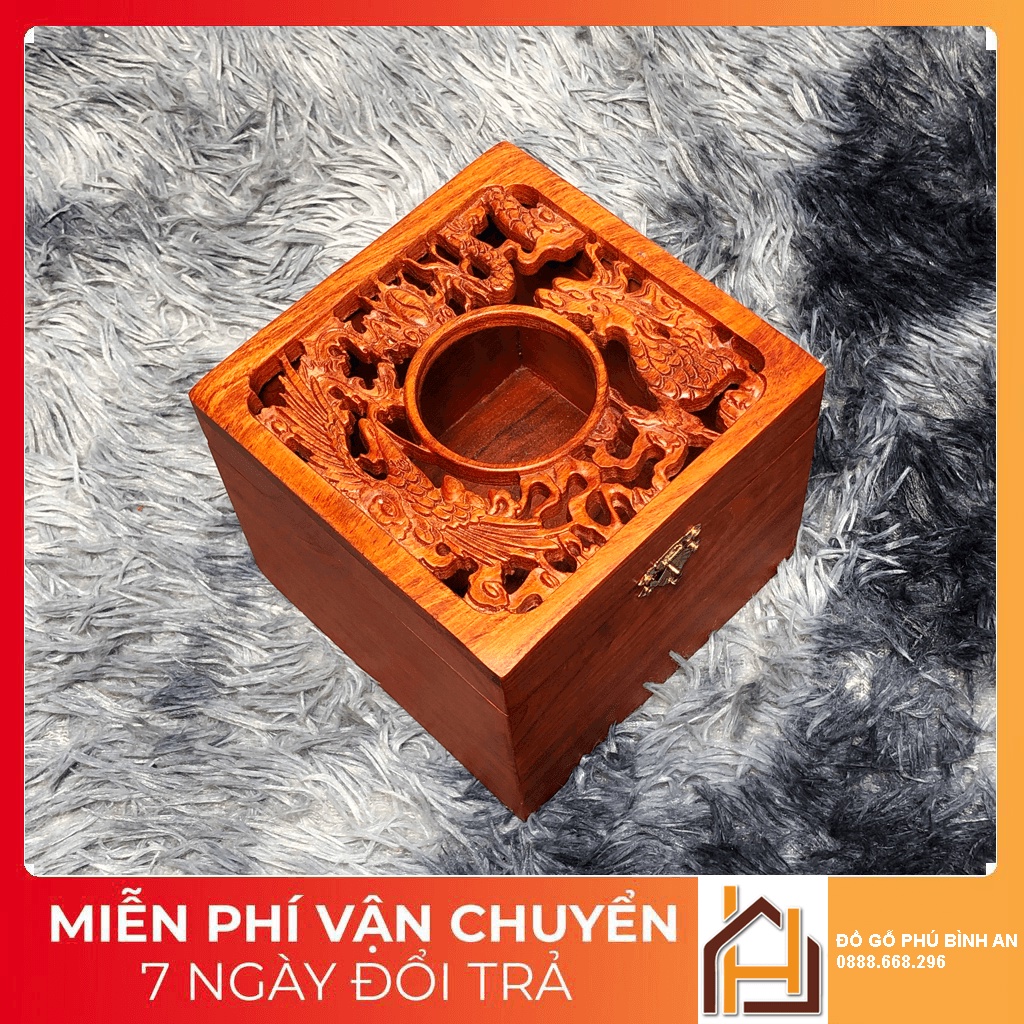 HỘP ĐỰNG KHĂN GIẤY ĂN Long Phụng gỗ hương đỏ tự nhiên hình vuông - Hàng đồ gỗ mỹ nghệ - Kích thước 15x15x12cm