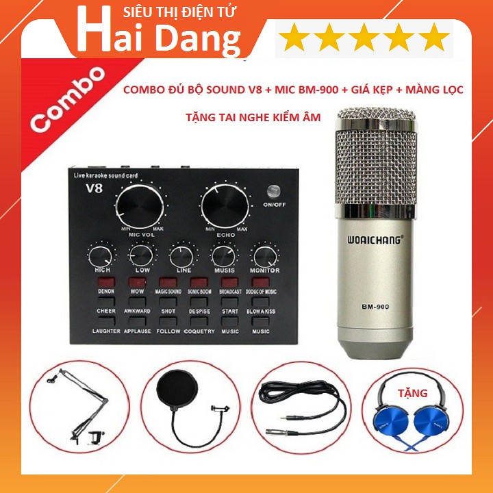 ComBo Đủ Bộ Soundcar V8 - Mic BM 900 - Giá Kẹp - Màng lọc - Tặng Tai Nghe Kiểm Âm 2020