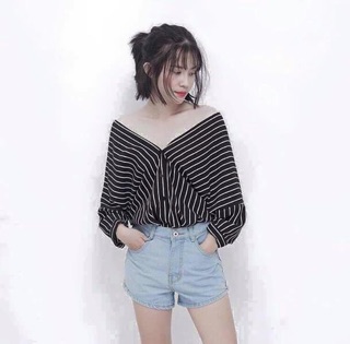 Sơ mi sọc cổ V kèm ảnh thật