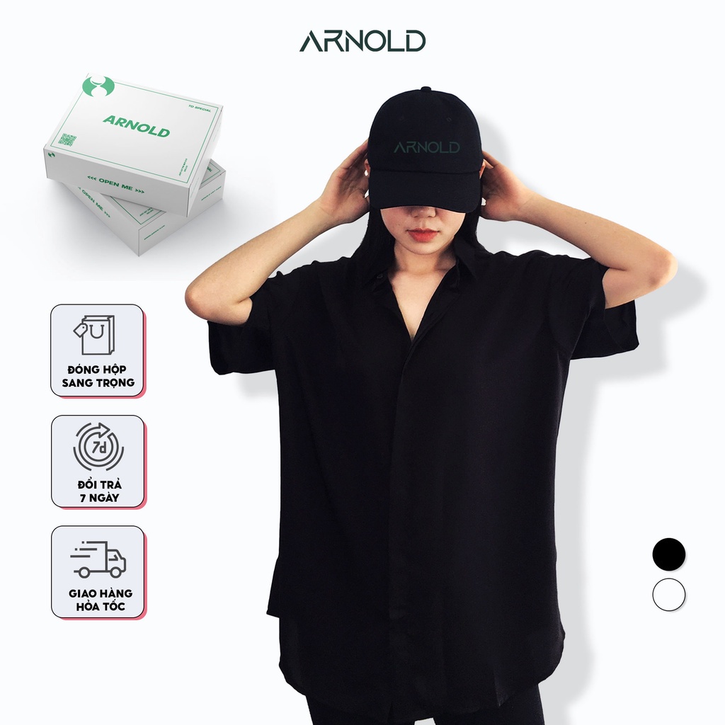 Áo sơ mi nam nữ ARNOLD ngắn tay basic trơn vải lụa thoáng mát, không nhăn chuẩn form suông thẳng Unisex