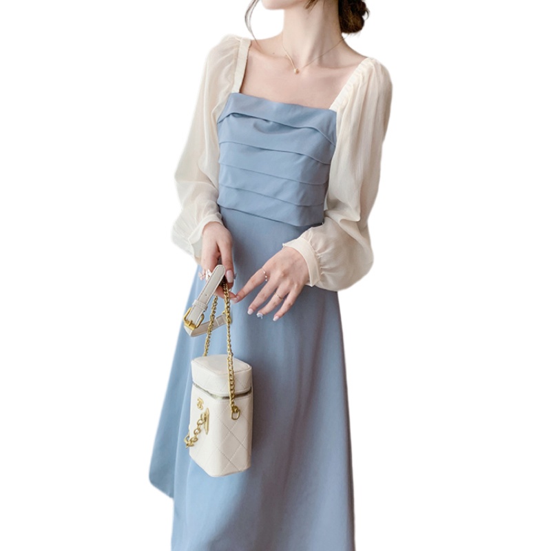 Đầm chiết eo Perty màu xanh lam phong cách Hàn Quốc thời trang mùa hè cho nữ