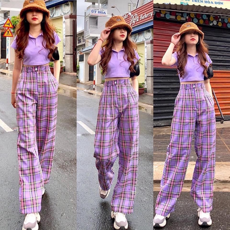 [Mã FAXANH245 giảm 10K đơn 50K] Set áo croptop polo cổ bẻ và quần suông caro tím ống rộng cạp cao quần cá tính | BigBuy360 - bigbuy360.vn