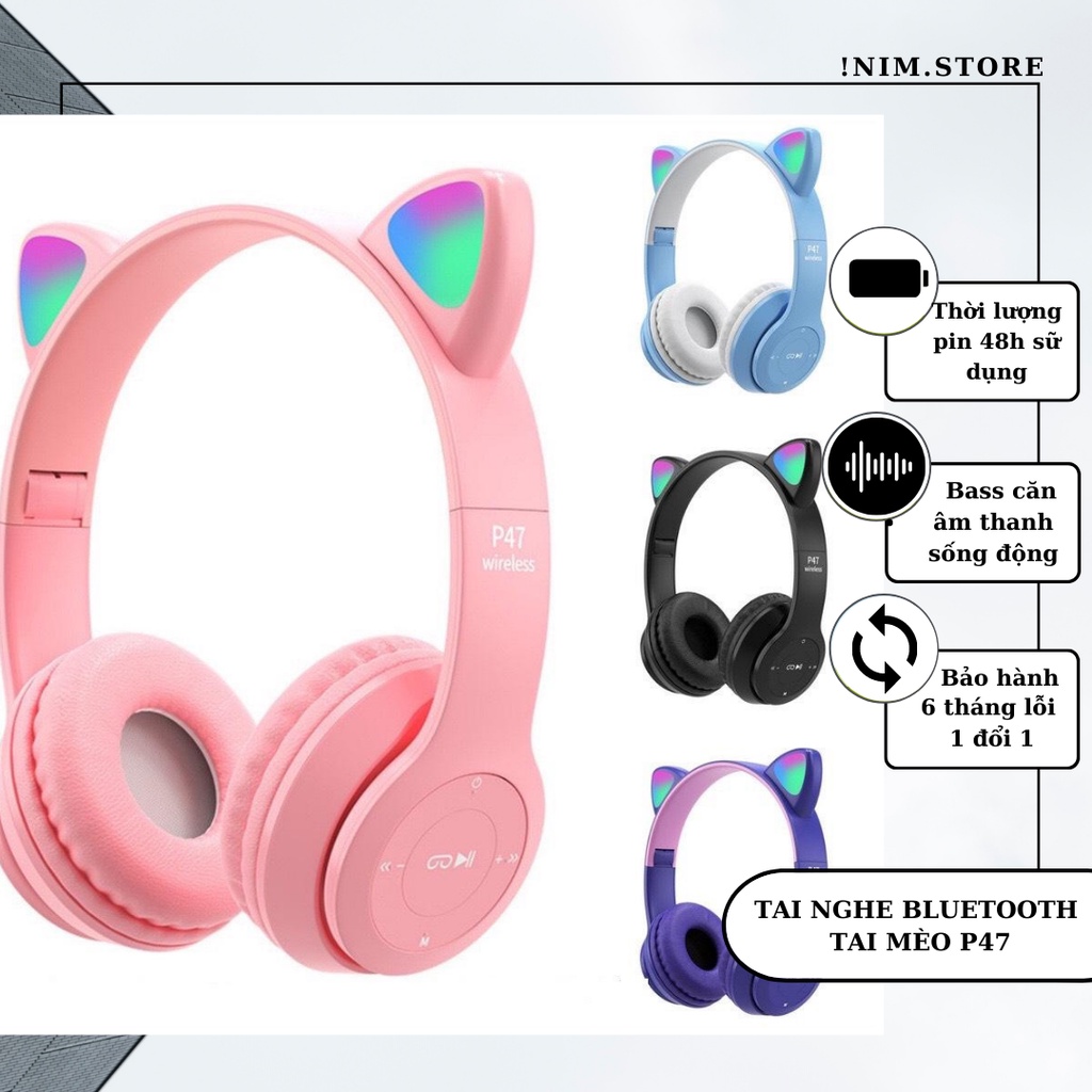 tai nghe chụp tai bluetooth mèo P47 - Nim.store