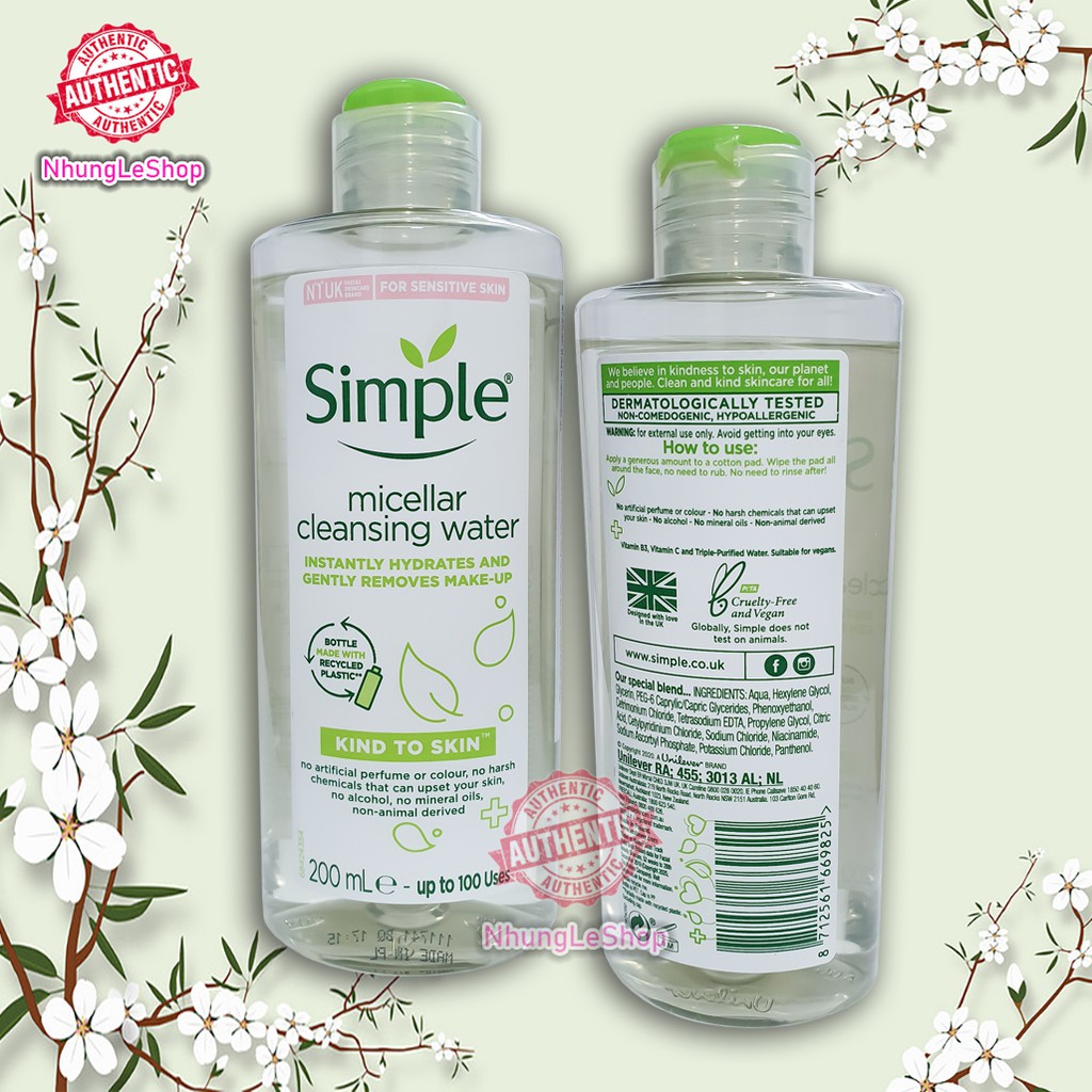 Chính Hãng Nước Tẩy Trang Simple Dịu Nhẹ Kind To Skin Micellar Water 200ml UK