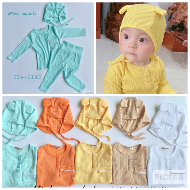Quần áo trẻ em minky chất Len Tăm Cao Cấp, Bộ thu đông cho bé gái bé trai nhiều màu sắc dễ thương từ 4-15kg kèm nón gấu