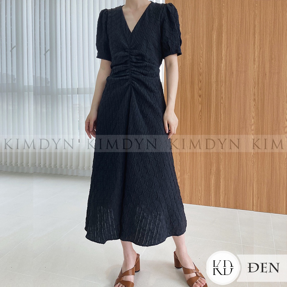 Đầm xòe midi tay phồng vải nhún mềm có lót KimDyn