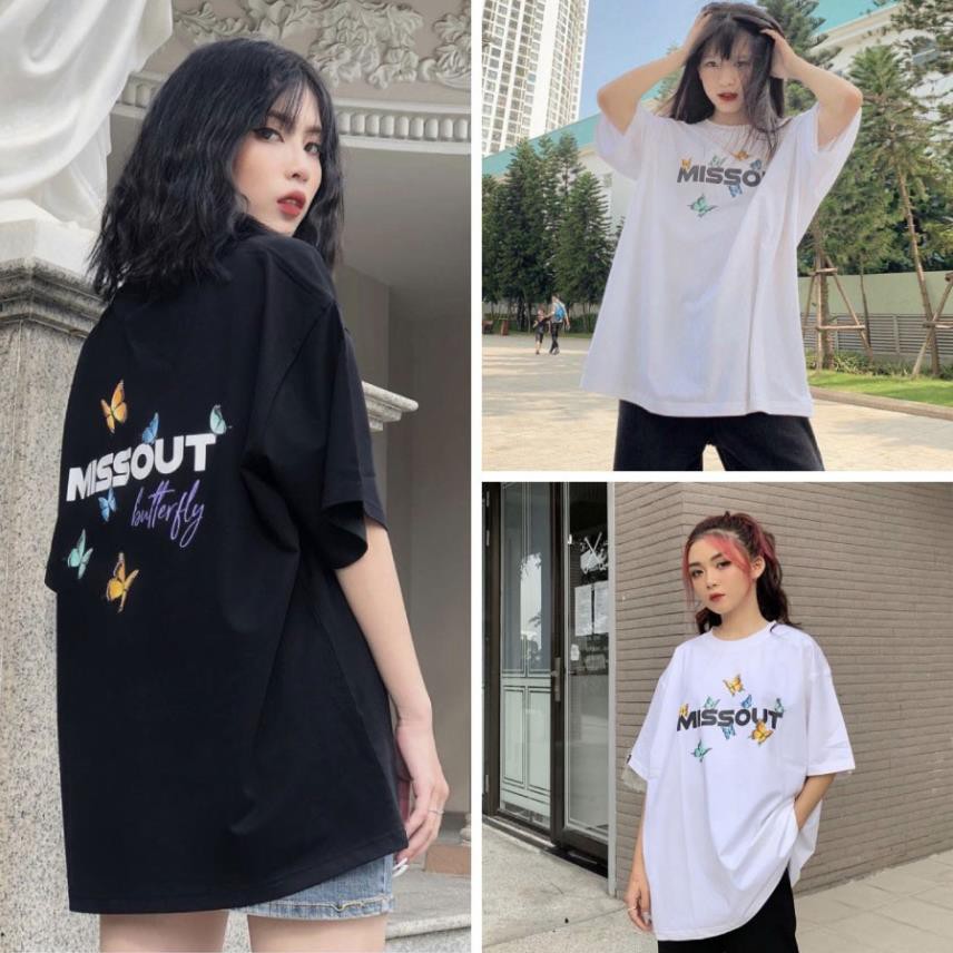 Áo Thun Nữ Mis.s Ou.t Tay Lỡ Dáng Dài 2 Màu Đen Trắng - Áo Thun Form Rộng Chất Liệu Cotton Họa Tiết Cánh Bướm AT03 *