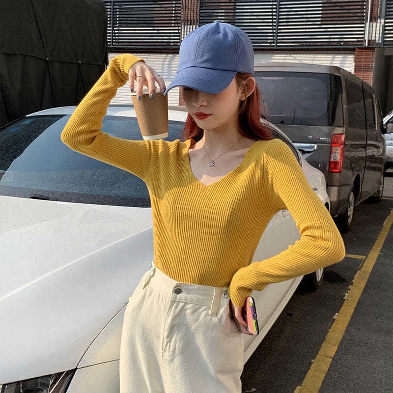 Áo len tay dài cổ chữ V thời trang quyến rũ cho nữ