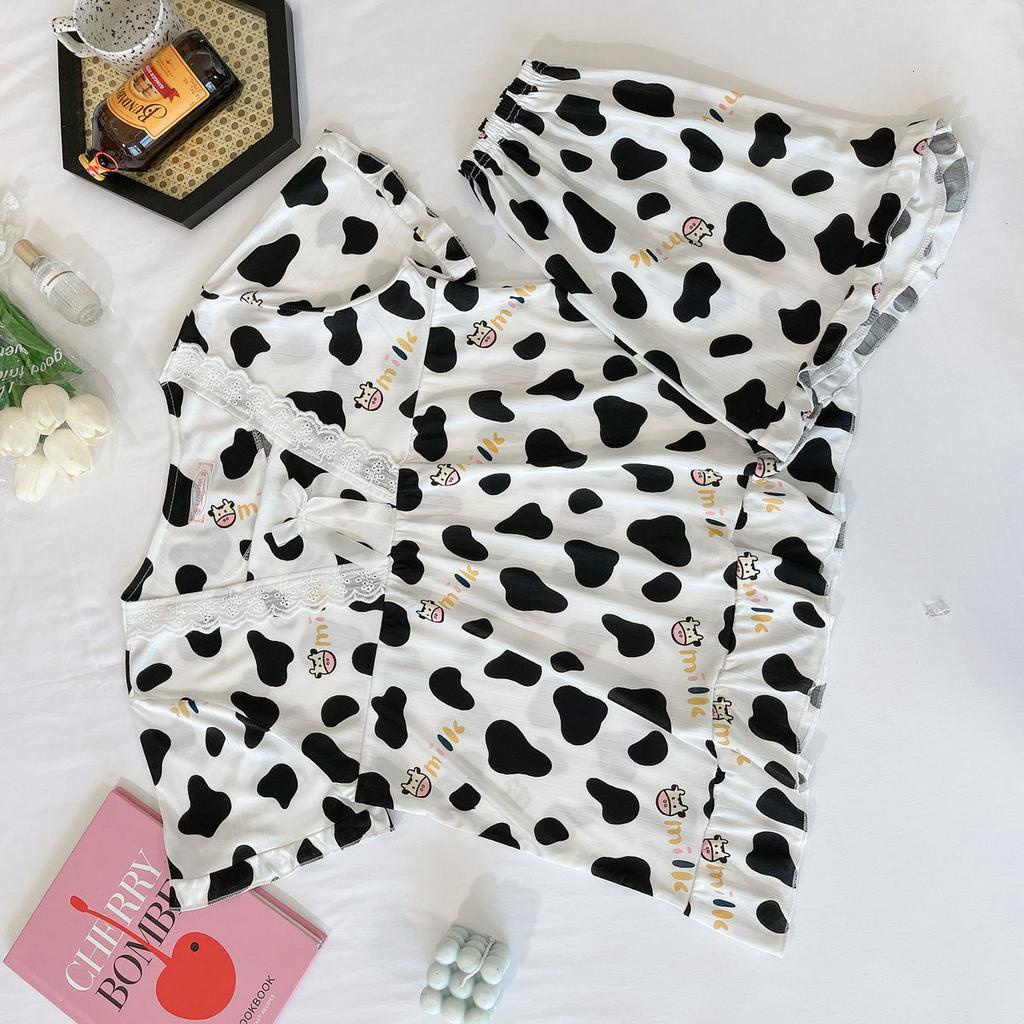 Bộ Đồ Ngủ Ngắn Tay In Họa Tiết Bò Sữa Xinh Xắn Dành Cho Nữ