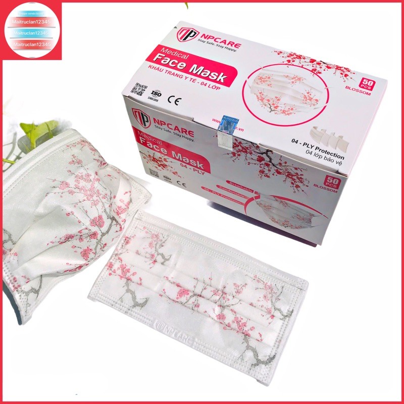 KHẨU TRANG HOẠ TIẾT HOA ĐÀO NPCARE medical face mask 4 lớp 1 hộp 50 cái