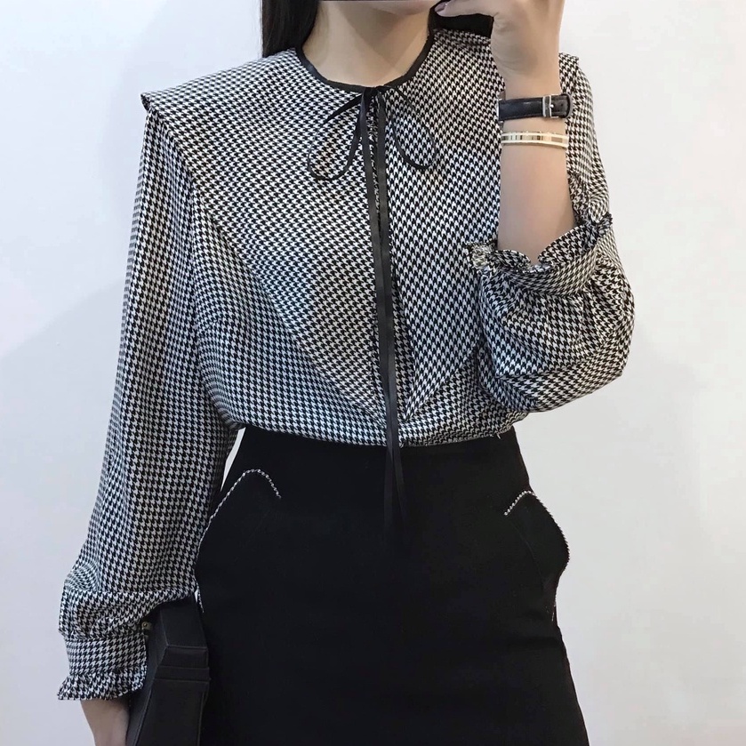 Áo Sơ Mi Lụa Công Sở Dài Tay NKN Thiết Kế Cổ Nhọn Cài Nơ Thanh Lịch Trẻ Trung, Chất Liệu lụa cao cấp