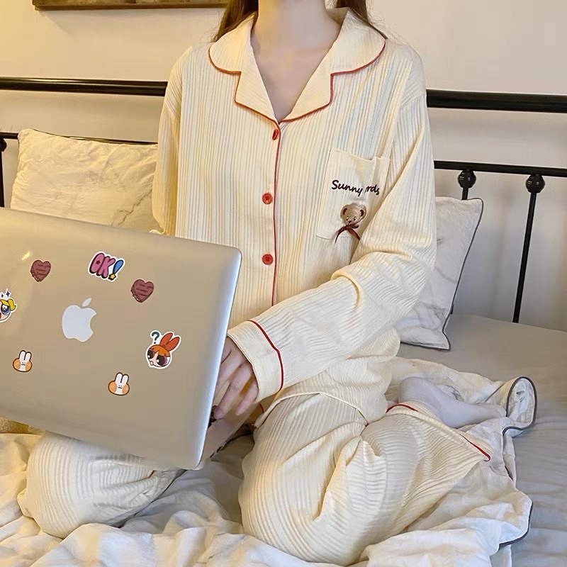 Đồ ngủ nữ mặc nhà viền đỏ tay dài chất thun cotton siêu mát | BigBuy360 - bigbuy360.vn