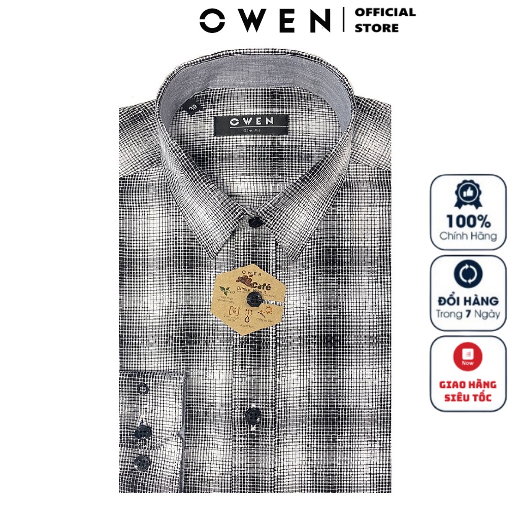 Áo Sơ Mi Nam Dài Tay Owen AS23354D Somi Công Sở Cao Cấp Màu Sọc Caro Loang Trắng Đen Dáng Ôm Không Túi Chất Café Mềm Mát