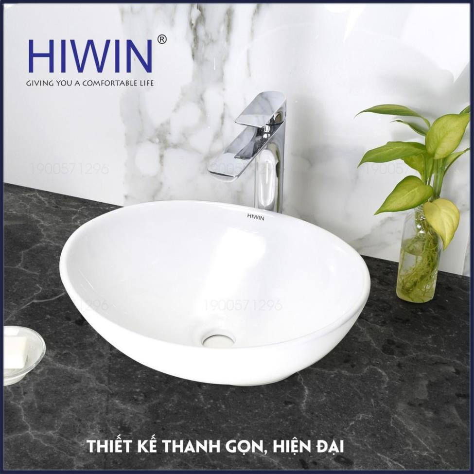 Chậu rửa mặt lavabo sứ cao cấp đặt bàn màu trắng dáng elip độc đáo HIWIN LP-8020