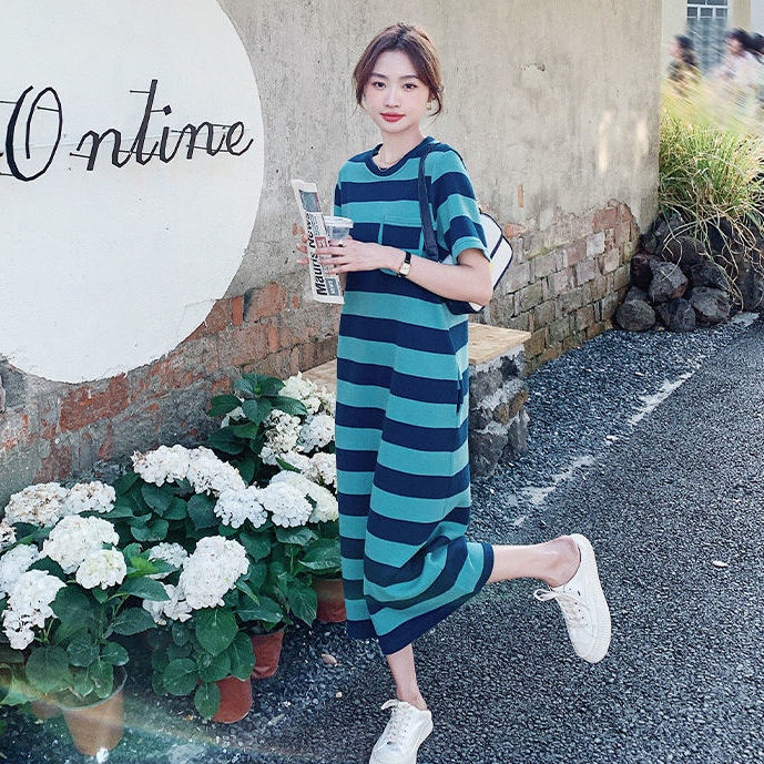 Đầm Thun Dài Qua Gối Ngắn Tay Họa Tiết Kẻ Sọc Ngang Phong Cách Hàn Quốc Thời Trang Mới Cho Nữ