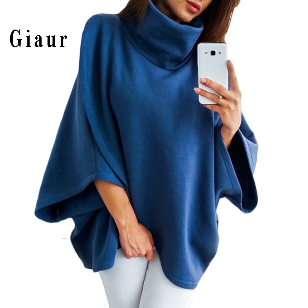 GIAUR  Winter Warm Women Solid Color Cloak Cape Turtle Neck Batwing Sleeve Jumper Poncho