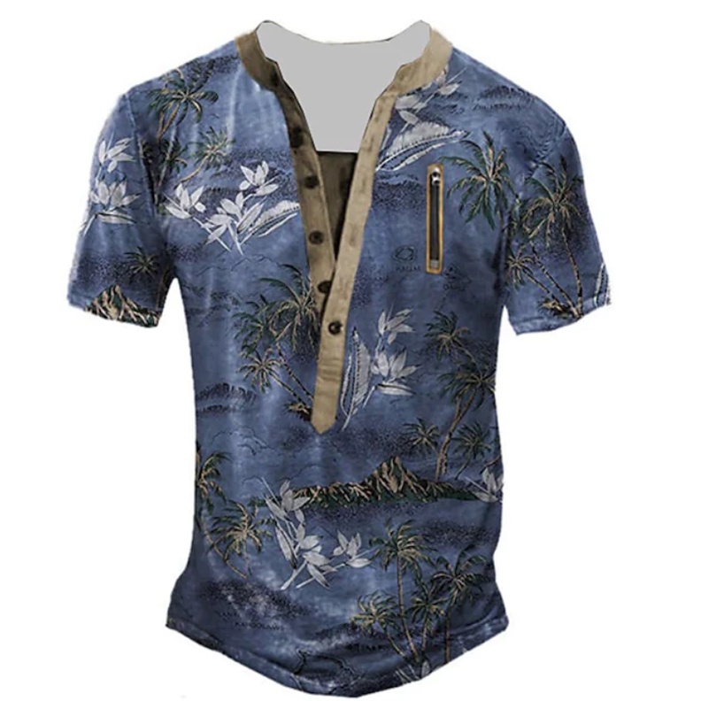 Áo Thun Nam Ngắn Tay Cổ Tròn In Hình Henley 3D Phối Khóa Kéo