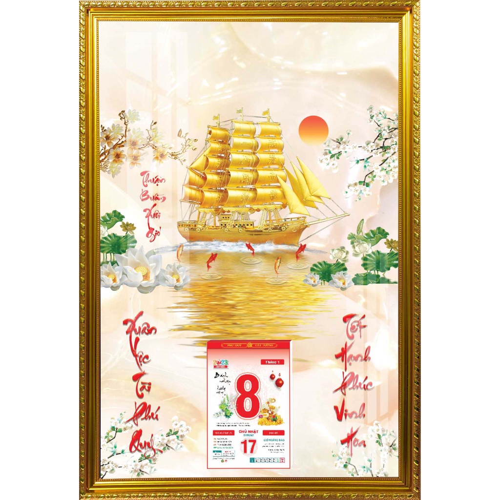 Lịch Gỗ Phù Điêu Khung Vàng Cao Cấp Treo Tường Laminate Tráng Gương 2023 (45 x 65cm) - Thuận Buồm Xuôi Gió