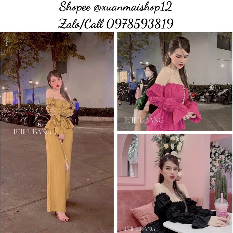 SET ĐŨI NHĂN ÁO CROPTOP TAY PHỒNG QUẦN SUÔNG DÀI