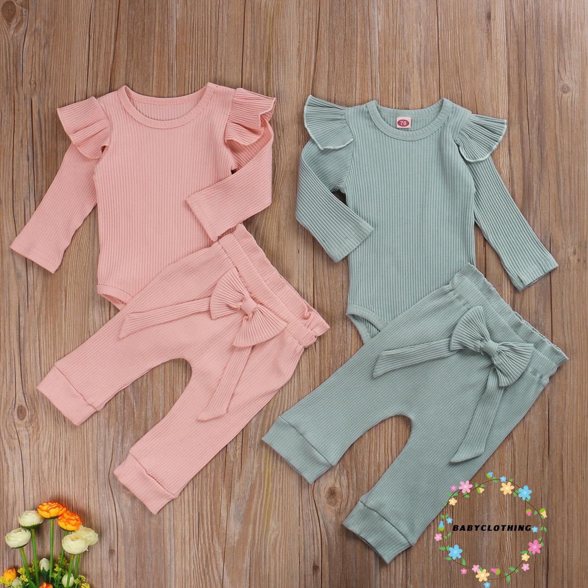 Set Áo Liền Quần Cotton Dài Tay Kèm Nơ Cho Bé Gái