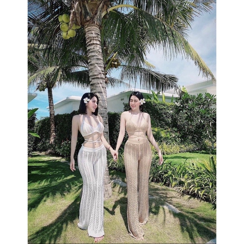 Set áo ngực quần ống rộng lưới đi biển, Set lưới bikini mặc đi biển siêu xinh