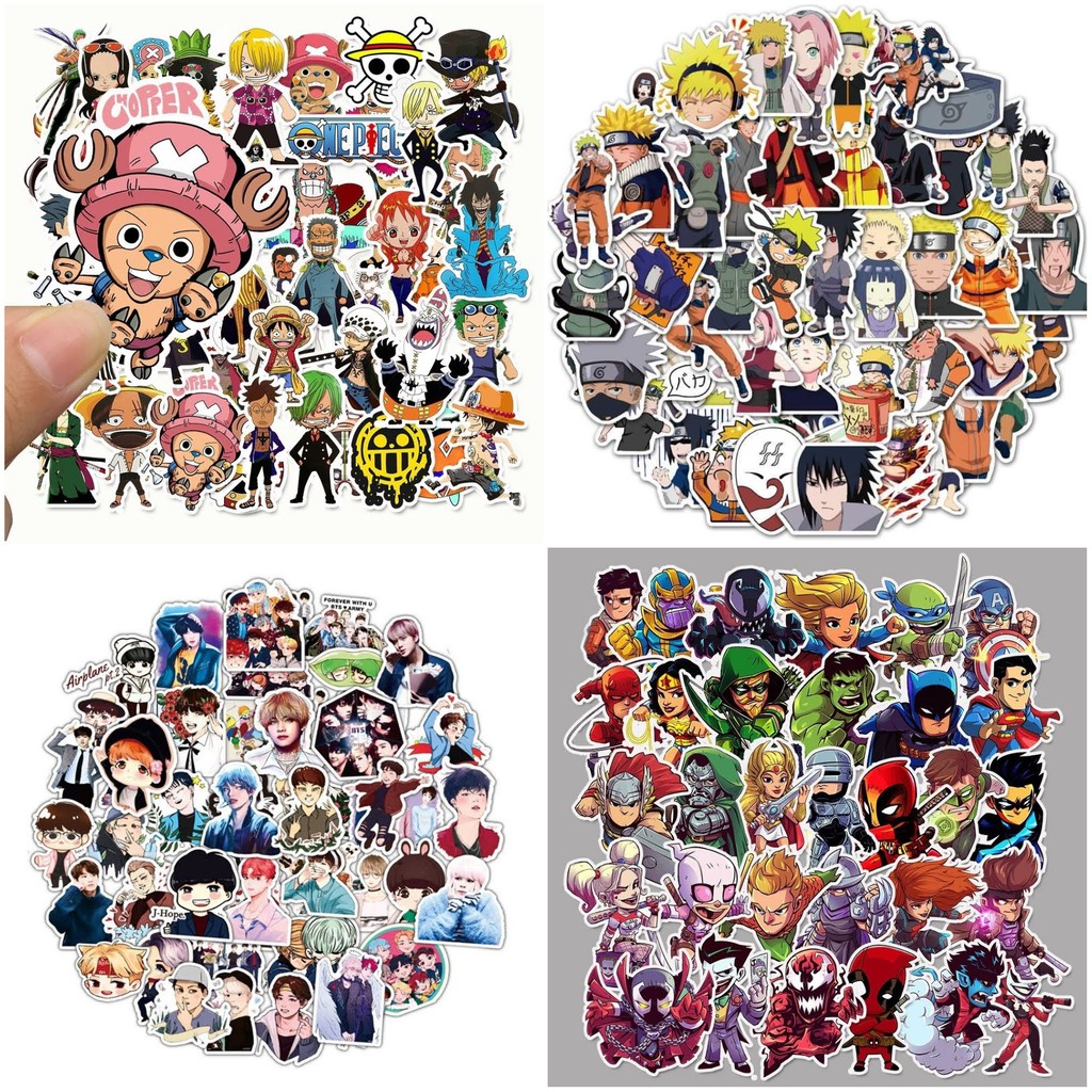 Sticker hình dán nhiều mẫu avenger, one piece, naruto, BTS dán mũ bảo hiểm, laptop,...marvel,sasuke,người nhện, luffy...