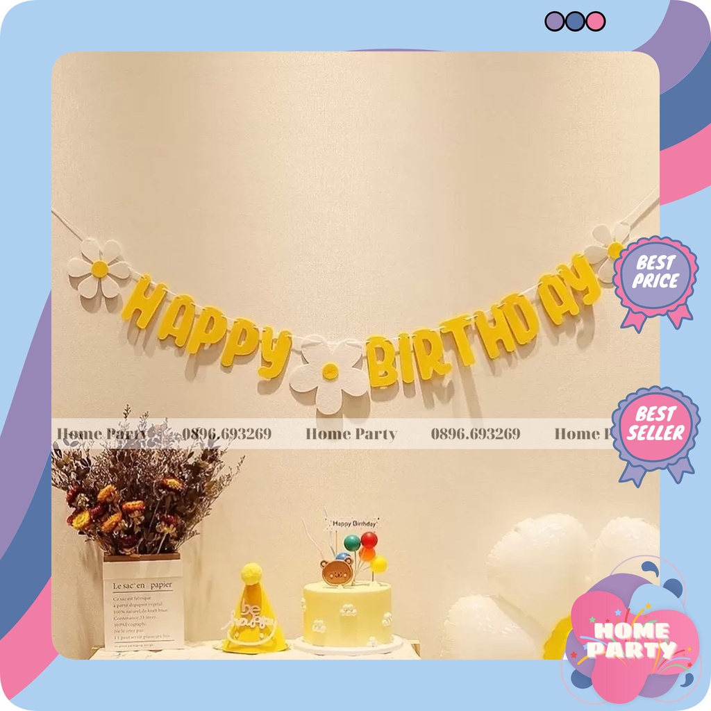 Dây Chữ Happy Birthday Trang Trí Sinh Nhật Vải Dạ Nỉ Hình Hoa Cúc Vàng Cho Mọi Độ Tuổi Phong Cách Hàn Quốc