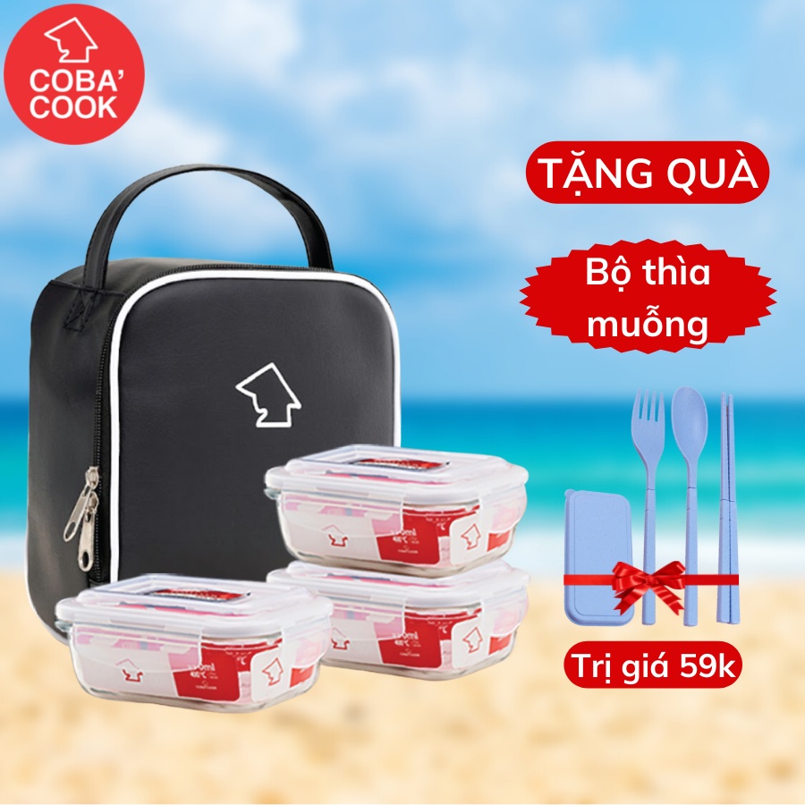 Bộ 3 Hộp Cơm Thủy Tinh Chịu Nhiệt COBACOOK Hình Chữ Nhật 370ml Và Túi Simili Giữ Nhiệt- CCL33SS