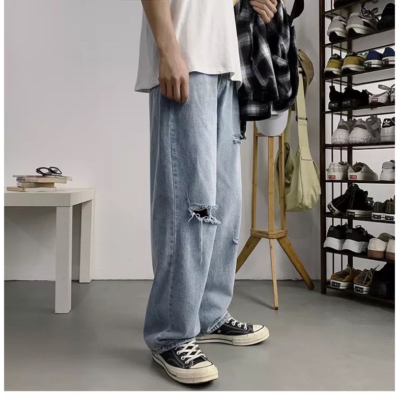 QUẦN BAGGY JEANS ỐNG RỘNG RÁCH DÁNG ĐỨNG PHONG CÁCH HÀN QUỐC-QJR022-THỜI TRANG UNISEX-Dể phối đồ rách gói màu xanh bạc