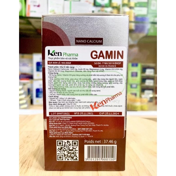 Viên uống bổ sung canxi GAMIN nhập khẩu pháp - Giúp bổ sung canxi , phòng ngừa loãng xương, suy dinh dưỡng - hộp 60 viên