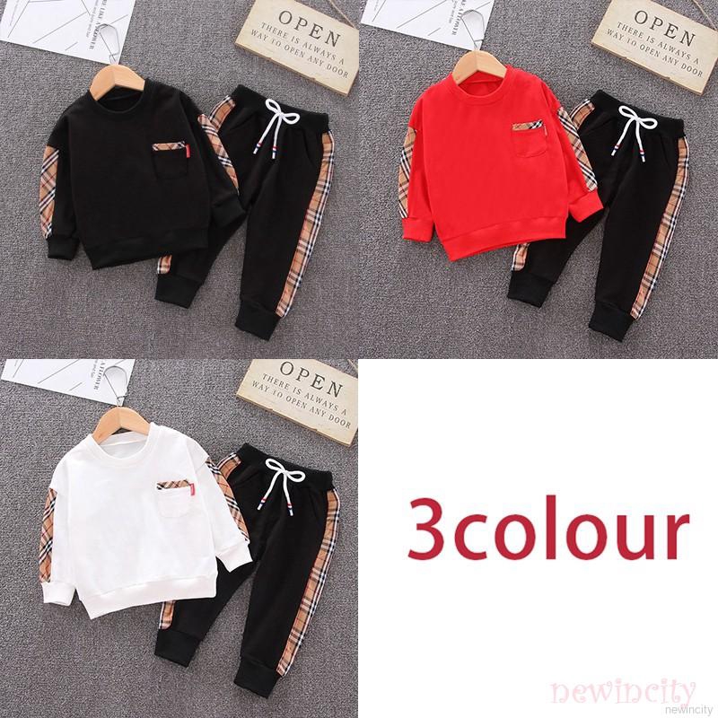 Set áo thun dài tay kẻ sọc ca rô + quần dài phong cách Hàn Quốc dành cho bé trai