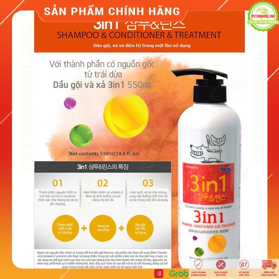 Dầu gội chó mèo Forcans 3 in 1 🆓FREESHIP🆓 Chai 550 ml - Làm Sạch, Giữ Ẩm, Cung Cấp Dinh Dưỡng trong 1 lần gội