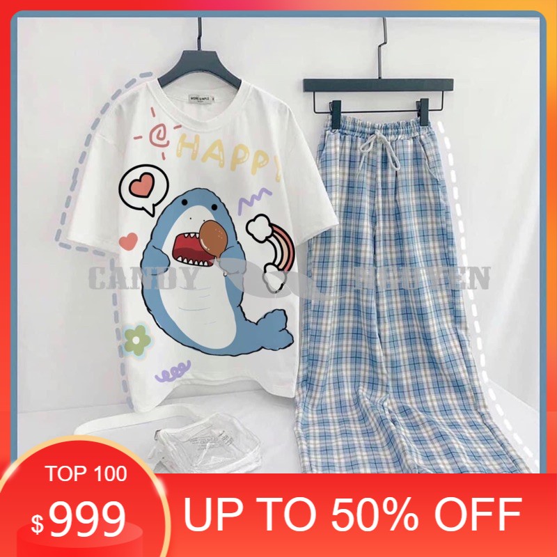 Sét áo cá happy và game áo vàng+quần kẻ xanh , sét áo nam nữ, sét bộ mặc ở nhà MODY